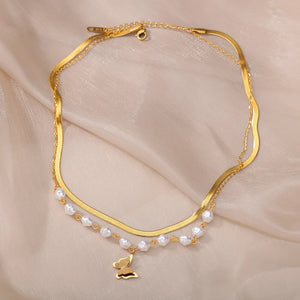 Baroque Pearl Butterfly Necklace Stainless Steel Tassel Pendant