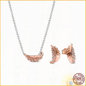Floating Arc Feather Necklace Earring Set 925 Sterling Silver