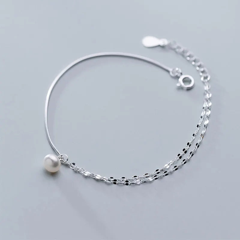 Double Layer Silver Anklet with Pearl Charms