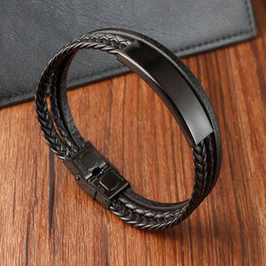 Braided Rope Wrap Leather Bracelets for Men Stainless Steel Bangle