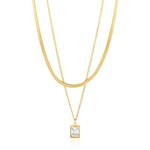Double-layer Zirconium Pendant Necklace Steel Color Snake Chain