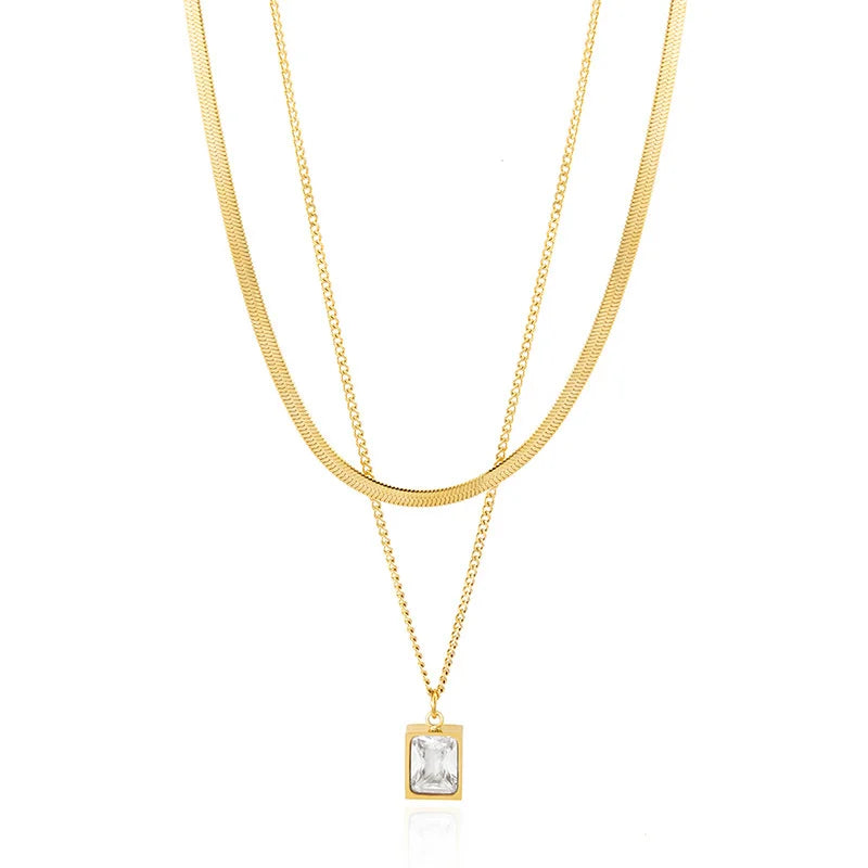Double-layer Zirconium Pendant Necklace Steel Color Snake Chain