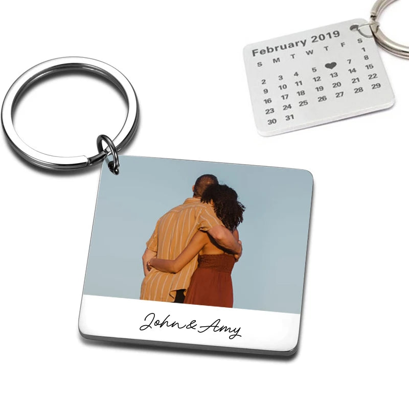 Personalized Date Calendar Keychain, Custom Photo Keyring with Names