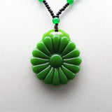 Green Jade Sunflower Pendant Necklace Chinese Charm Amulet for Men Women Gift
