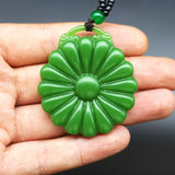 Green Jade Sunflower Pendant Necklace Chinese Charm Amulet for Men Women Gift
