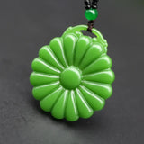 Green Jade Sunflower Pendant Necklace Chinese Charm Amulet for Men Women Gift