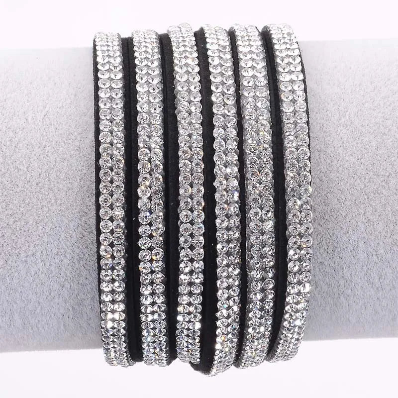 Suede Leather Crystal Bracelet Double Wrap Rhinestone Bracelet