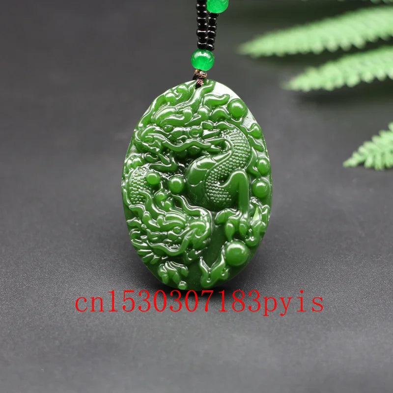 Green Jade Dragon Pendant Necklace Hand-Carved Chinese Amulet Charm
