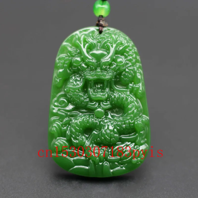 Green Jade Dragon Pendant Necklace Chinese Hand-Carved Charm Jadeite Amulet