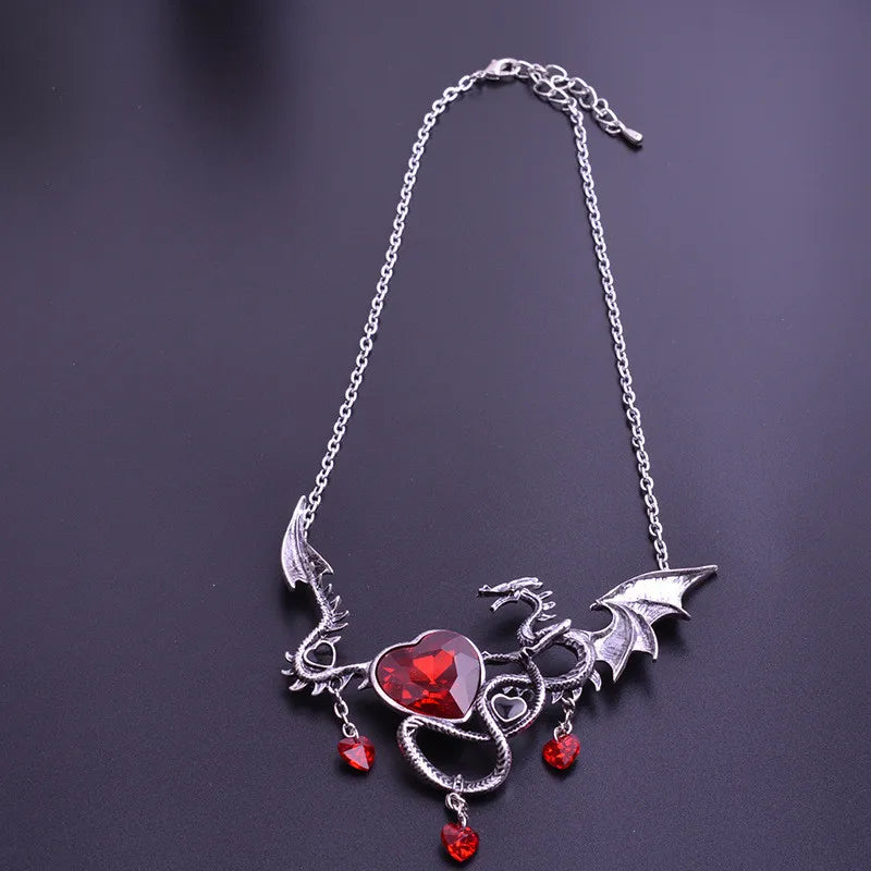 Dragon Necklace Austrian Crystal Heart Pendant Vintage Jewelry