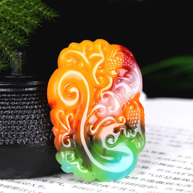 Dragon Phoenix Jade Pendant Necklace Natural Charm Jewelry Men Women Lucky Gift