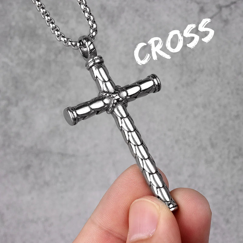 Dragon Scale Cross Long Men Necklace Pendants Chain Stainless Steel Jewelry