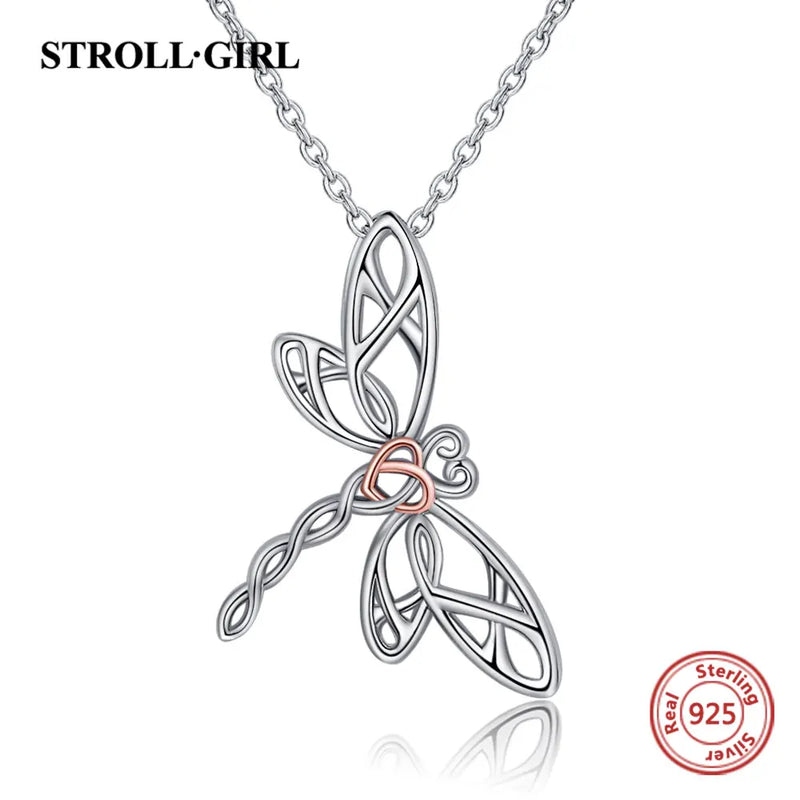 Dragonfly Heart Pendant Hollow Craft 925 Sterling Silver Necklace