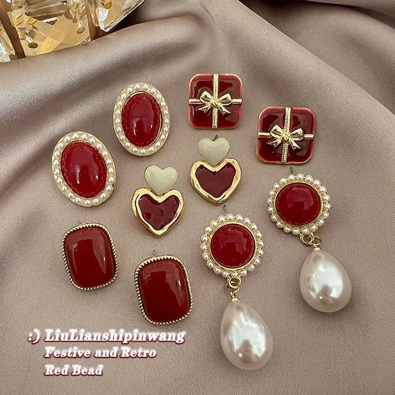Burgundy Vintage Pearls Earrings Women Christmas Stud