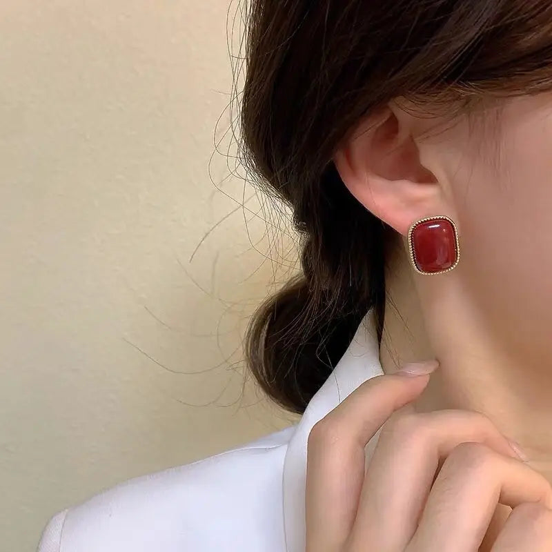 Burgundy Vintage Pearls Earrings Women Christmas Stud