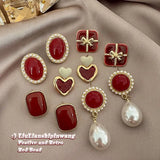 Burgundy Vintage Pearls Earrings Women Christmas Stud