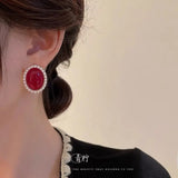 Burgundy Vintage Pearls Earrings Women Christmas Stud