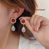 Burgundy Vintage Pearls Earrings Women Christmas Stud