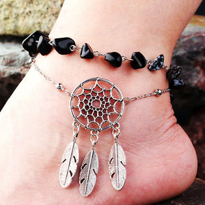 Dream Catcher Feather Anklet with Green Crystal