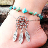 Dream Catcher Feather Anklet with Green Crystal