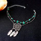 Dream Catcher Feather Anklet with Green Crystal