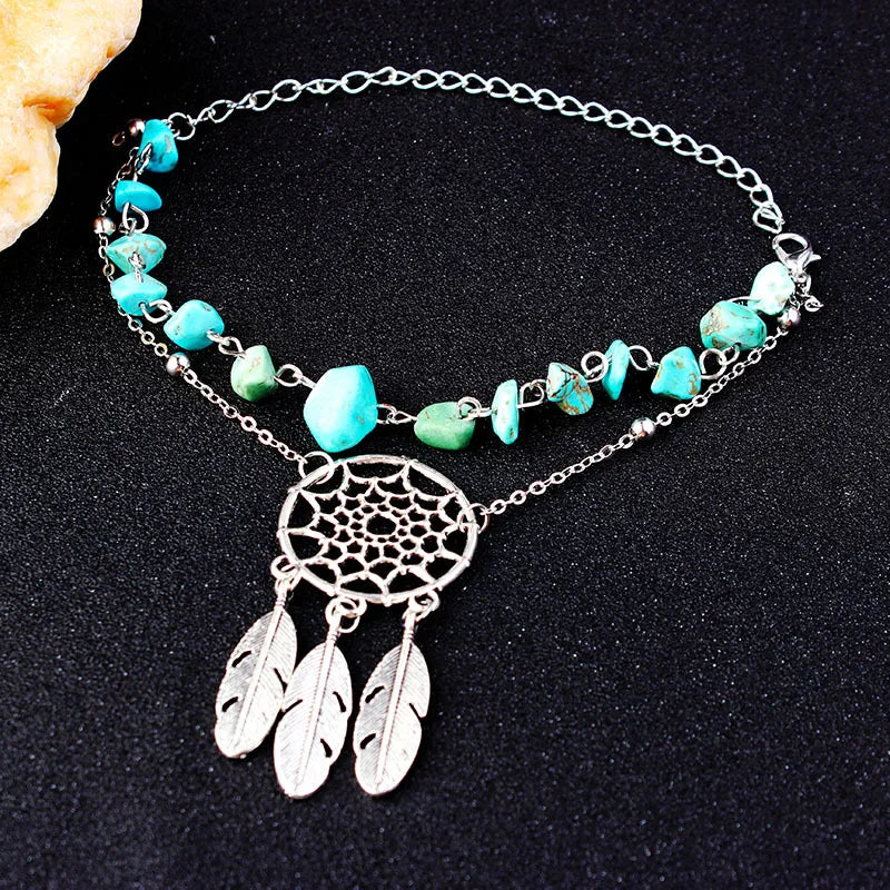 Dream Catcher Feather Anklet with Green Crystal