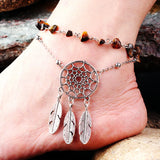 Dream Catcher Feather Anklet with Green Crystal
