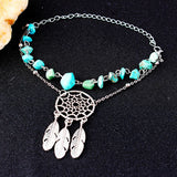 Dream Catcher Feather Anklet with Green Crystal