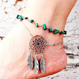 Dream Catcher Feather Anklet with Green Crystal