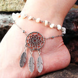 Dream Catcher Feather Anklet with Green Crystal