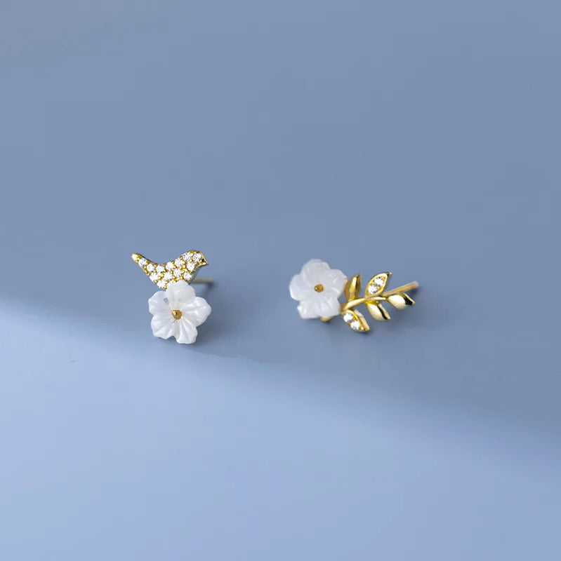 925 Silver Shell Flower Bird Earrings Rhinestone Women Jewelry