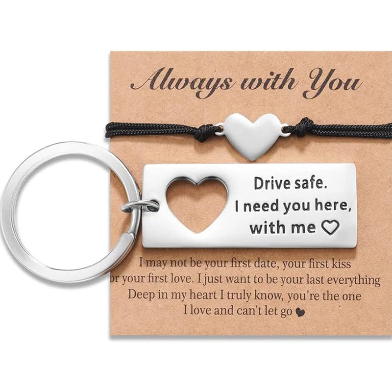 Drive Safe Keychain Couple Matching Keychains Heart Bracelet Set