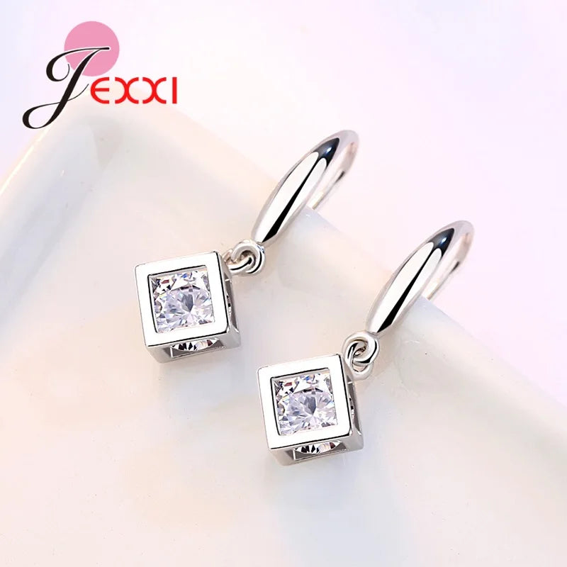 925 Silver CZ Cube Pendant Drop Earrings