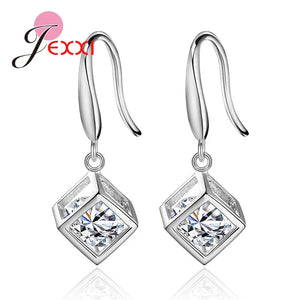 925 Silver CZ Cube Pendant Drop Earrings