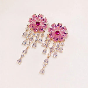 Pink Flower Tassel Drop Earrings CZ Fine Jewelry