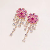 Pink Flower Tassel Drop Earrings CZ Fine Jewelry