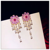 Pink Flower Tassel Drop Earrings CZ Fine Jewelry