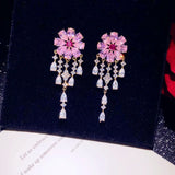 Pink Flower Tassel Drop Earrings CZ Fine Jewelry