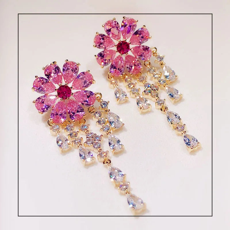Pink Flower Tassel Drop Earrings CZ Fine Jewelry