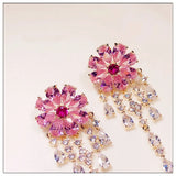 Pink Flower Tassel Drop Earrings CZ Fine Jewelry