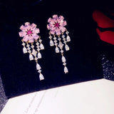 Pink Flower Tassel Drop Earrings CZ Fine Jewelry