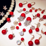 Red Pearl CZ Drop Earrings 925 Sterling Silver Bridal Wedding Jewelry