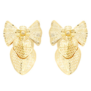 Strawberry Bow Drop Earrings 24K Plated Bridal Wedding Party Daily Wear Jewelry