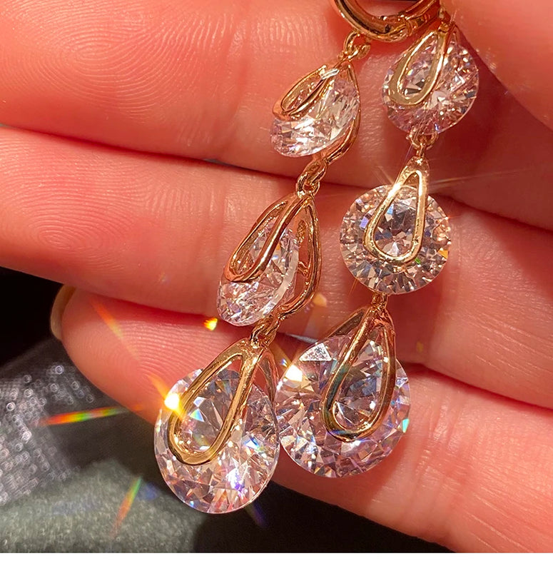 Drop Earrings Solid 925 Needles Cubic Zirconia Tassel Water Drop Fine Jewelry