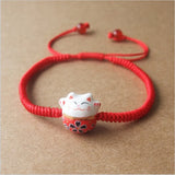 Lucky Cat Ceramic Beads Bracelet Red Rope Bangle Women's Jewelry