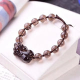 Gray Crystal Beaded Pixiu Bracelet Manual Carved 10mm 12mm Bead Jade Jewelry