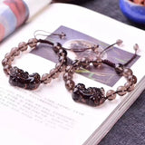Gray Crystal Beaded Pixiu Bracelet Manual Carved 10mm 12mm Bead Jade Jewelry