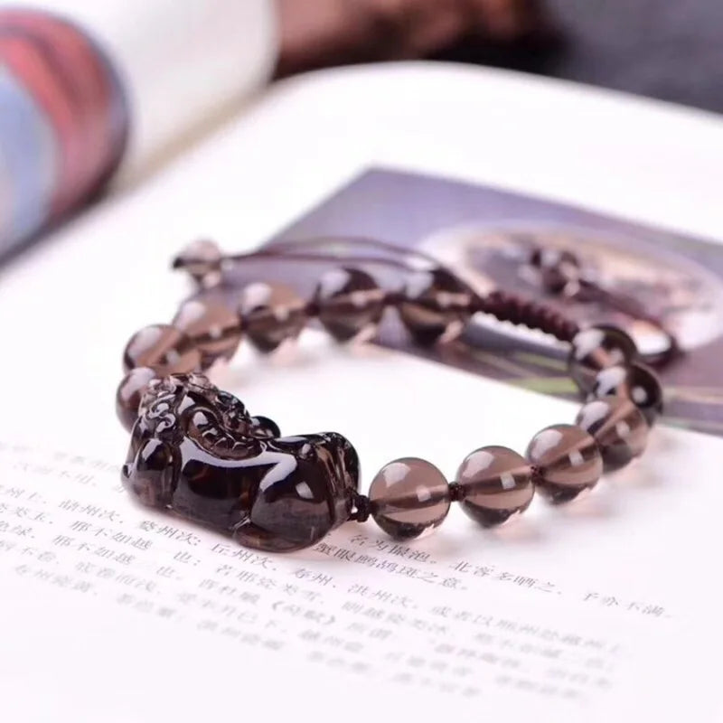 Gray Crystal Beaded Pixiu Bracelet Manual Carved 10mm 12mm Bead Jade Jewelry