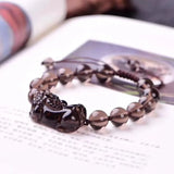Gray Crystal Beaded Pixiu Bracelet Manual Carved 10mm 12mm Bead Jade Jewelry