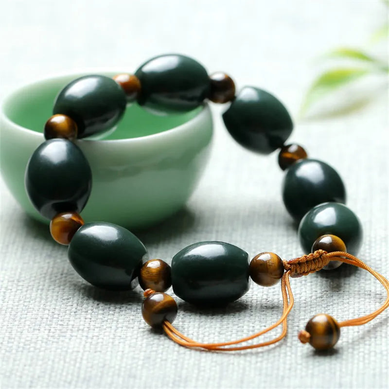 Natural Hetian Bead Bracelet With Tiger Eye Beads Stretch Men Bracelet